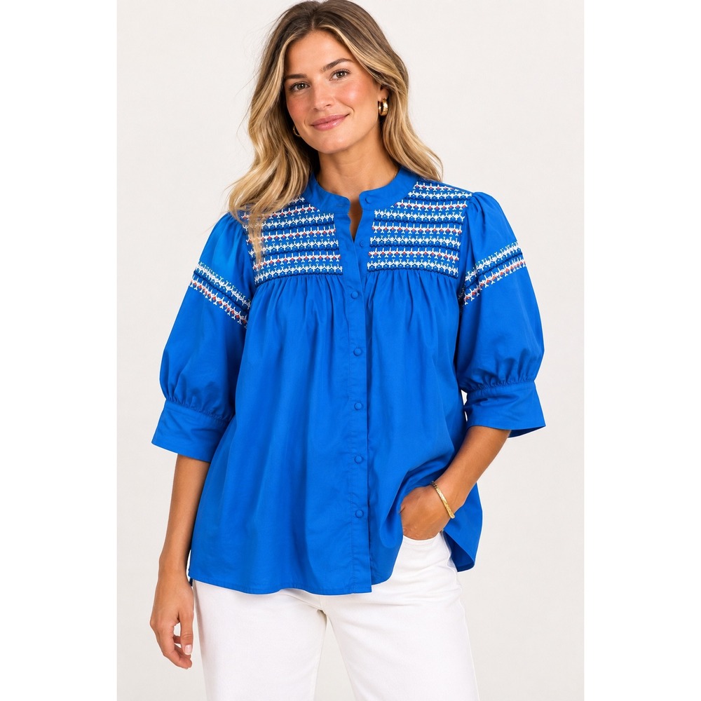 The Shirt Rochelle Behrens Smocked Embroidered Cotton Puff Sleeve Blouse XXL